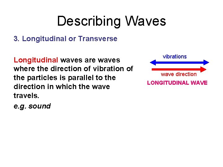 Describing Waves 3. Longitudinal or Transverse Longitudinal waves are waves where the direction of