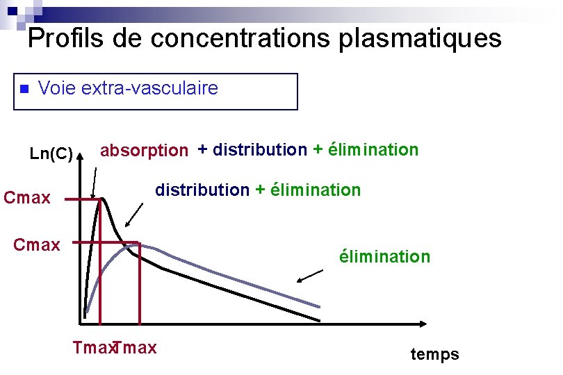 Profils de concentrations plasmatiques n Voie extra-vasculaire Ln(C) Cmax absorption + distribution + élimination