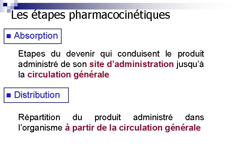 Les étapes pharmacocinétiques n Absorption Etapes du devenir qui conduisent le produit administré de