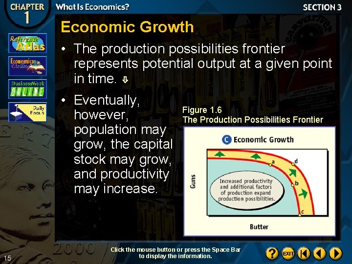 Economic Growth • The production possibilities frontier represents potential output at a given point