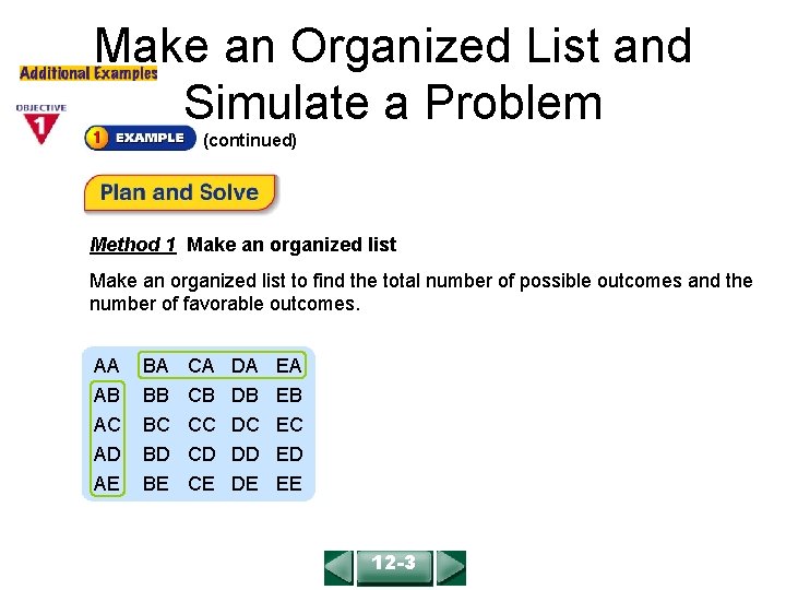 Make an Organized List and Simulate a Problem COURSE 2 LESSON 12 -3 (continued)