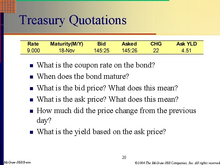 Treasury Quotations n n n What is the coupon rate on the bond? When