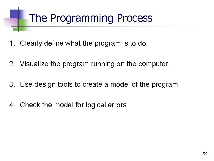 The Programming Process 1. Clearly define what the program is to do. 2. Visualize