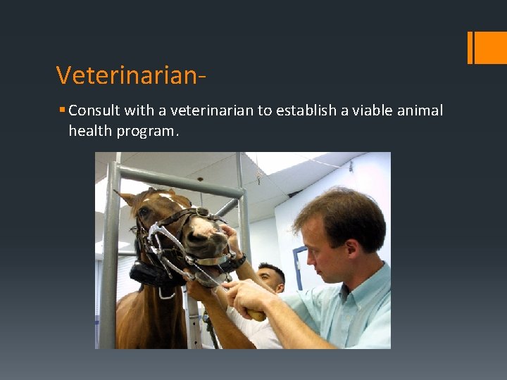 Veterinarian§ Consult with a veterinarian to establish a viable animal health program. 