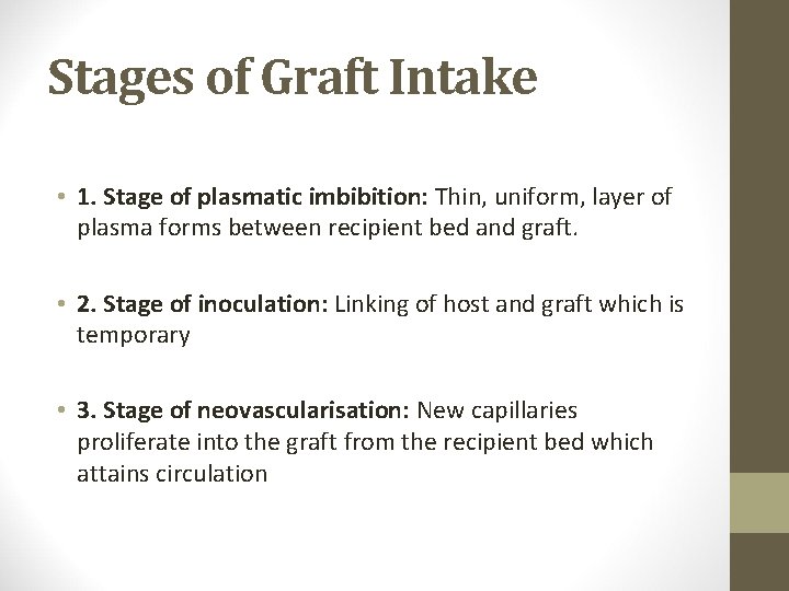 Stages of Graft Intake • 1. Stage of plasmatic imbibition: Thin, uniform, layer of