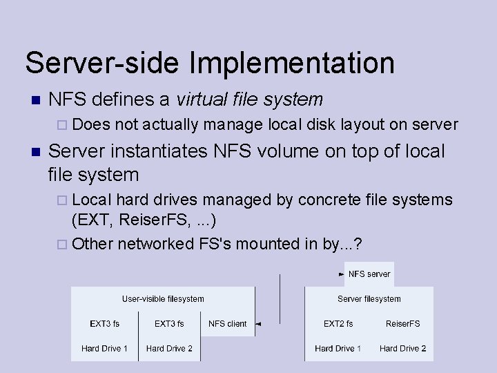 Server-side Implementation NFS defines a virtual file system Does not actually manage local disk