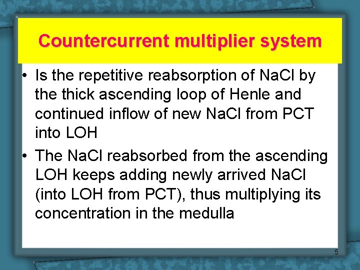 Countercurrent multiplier system • Is the repetitive reabsorption of Na. Cl by the thick