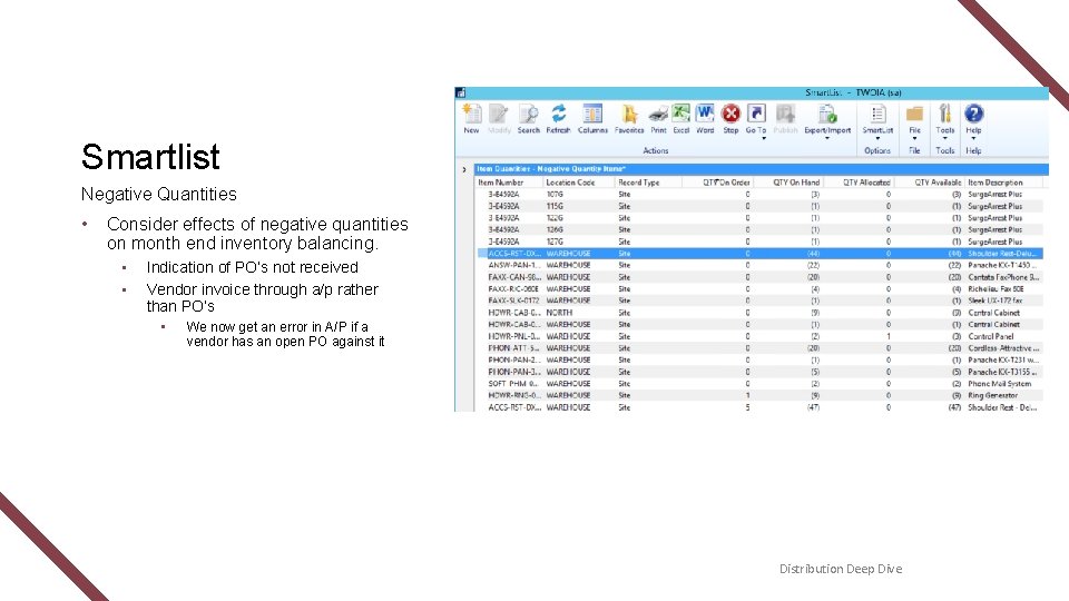 Smartlist Negative Quantities • Consider effects of negative quantities on month end inventory balancing.