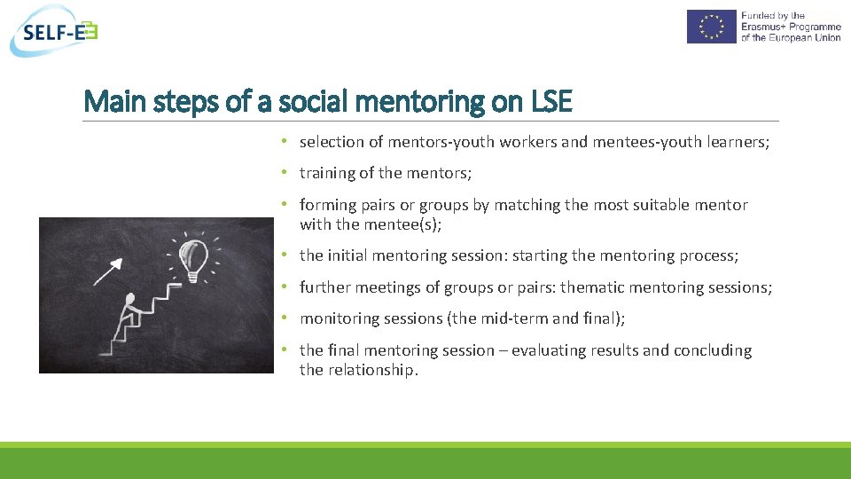 Main steps of a social mentoring on LSE • selection of mentors-youth workers and