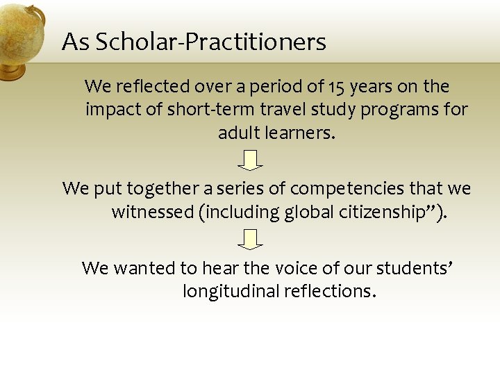 As Scholar-Practitioners We reflected over a period of 15 years on the impact of