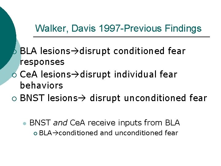 Walker, Davis 1997 -Previous Findings BLA lesions disrupt conditioned fear responses ¡ Ce. A