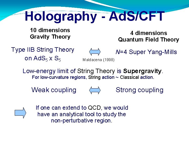 Holography - Ad. S/CFT 10 dimensions Gravity Theory Type IIB String Theory on Ad.