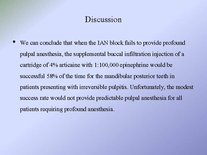 Discussion • We can conclude that when the IAN block fails to provide profound