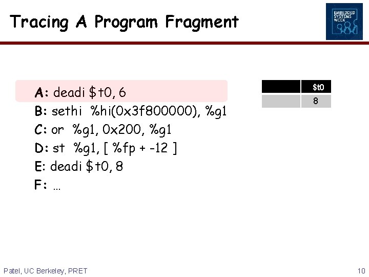 Tracing A Program Fragment A: deadi $t 0, 6 B: sethi %hi(0 x 3