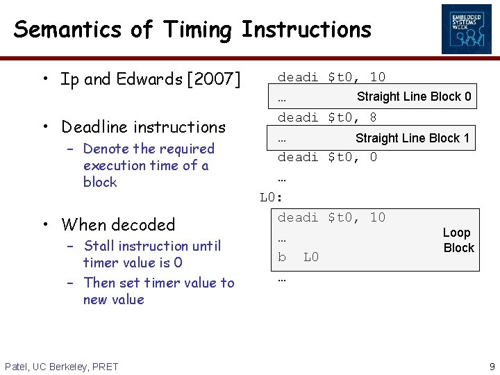 Semantics of Timing Instructions • Ip and Edwards [2007] • Deadline instructions – Denote