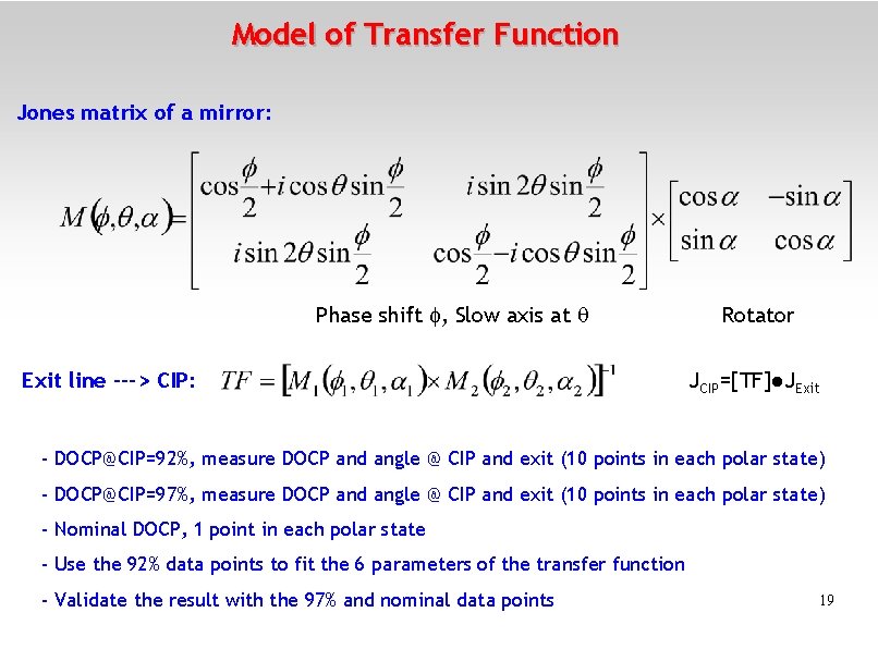 Model of Transfer Function Jones matrix of a mirror: Phase shift , Slow axis