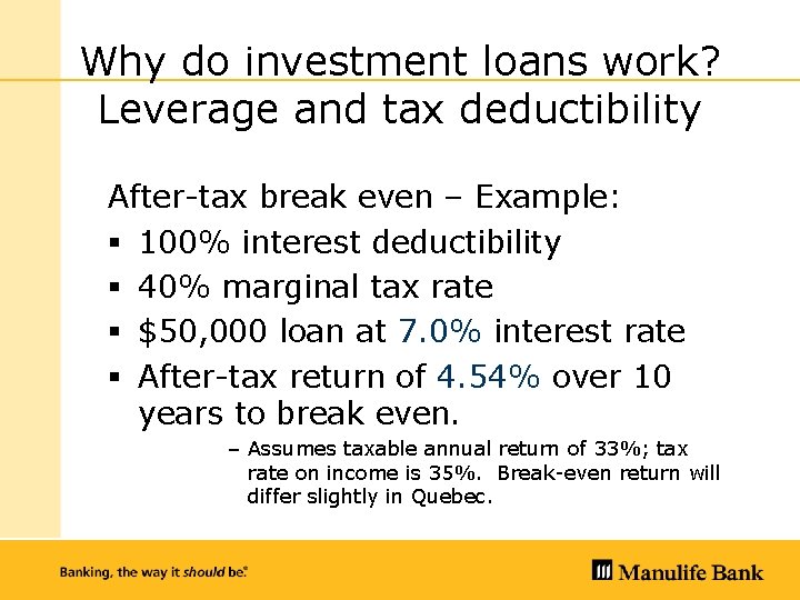 Why do investment loans work? Leverage and tax deductibility After-tax break even – Example: