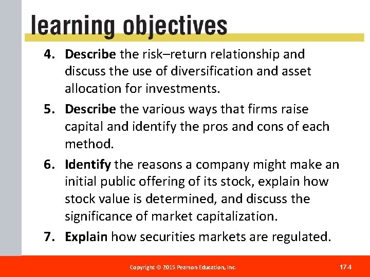 4. Describe the risk–return relationship and discuss the use of diversification and asset allocation