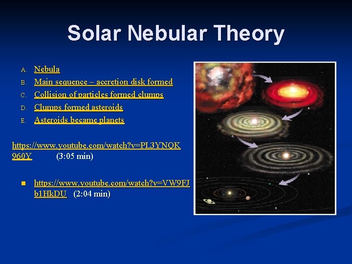Solar Nebular Theory A. B. C. D. E. Nebula Main sequence – accretion disk