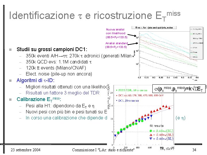 Identificazione e ricostruzione ETmiss Nuova analisi con likelihood (88. 5<PT<133. 5) n Studii su