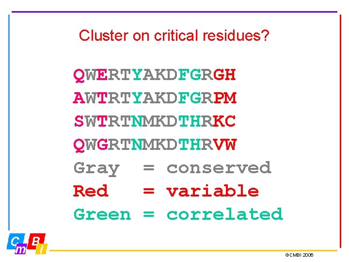 Cluster on critical residues? QWERTYAKDFGRGH AWTRTYAKDFGRPM SWTRTNMKDTHRKC QWGRTNMKDTHRVW Gray = conserved Red = variable