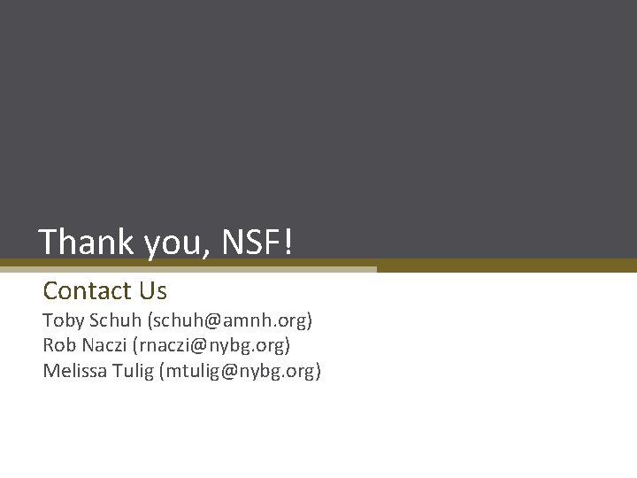 Thank you, NSF! Contact Us Toby Schuh (schuh@amnh. org) Rob Naczi (rnaczi@nybg. org) Melissa