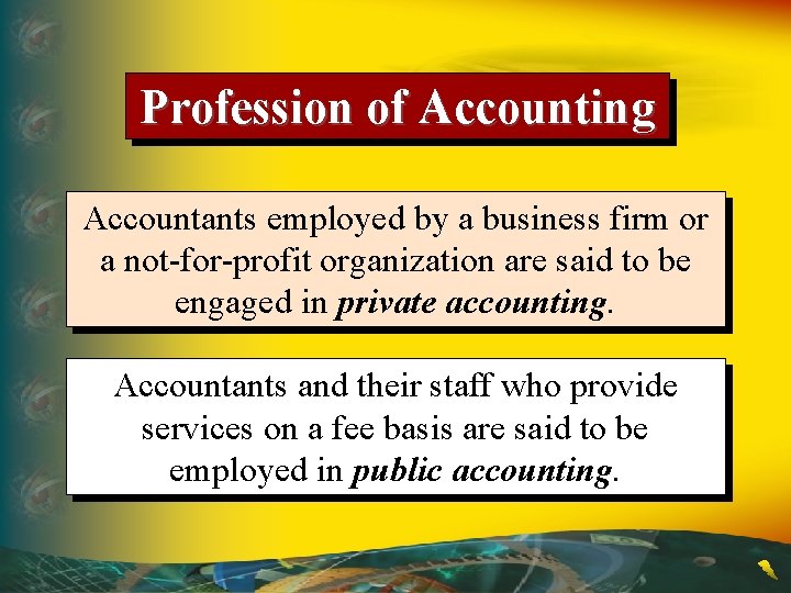 Profession of Accounting Accountants employed by a business firm or a not-for-profit organization are