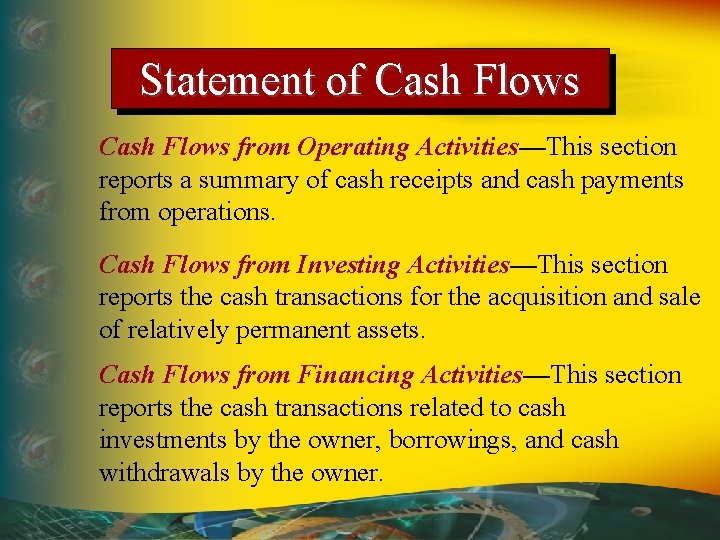 Statement of Cash Flows from Operating Activities—This section reports a summary of cash receipts