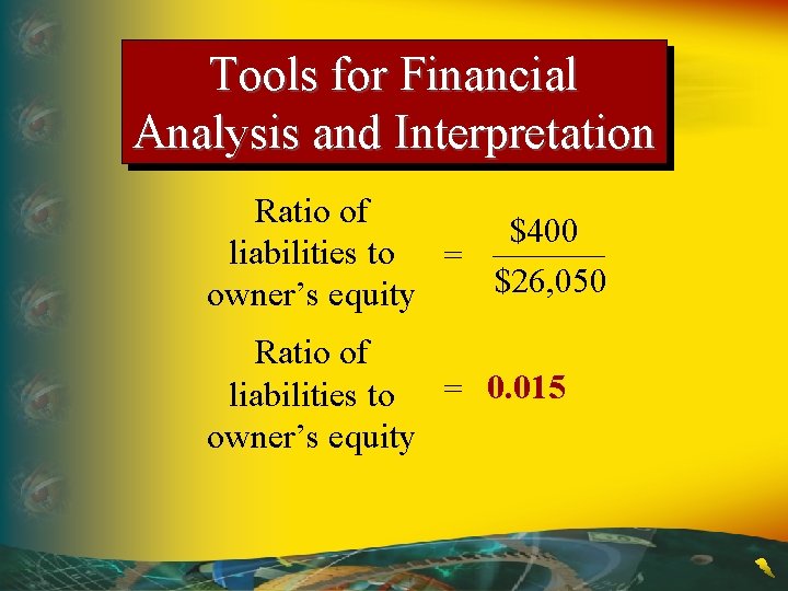 Tools for Financial Analysis and Interpretation Ratio of $400 liabilities to = $26, 050