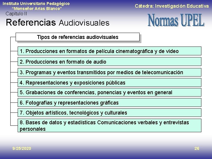 Instituto Universitario Pedagógico “Monseñor Arias Blanco” Cátedra: Investigación Educativa Capítulo II Referencias Audiovisuales Tipos