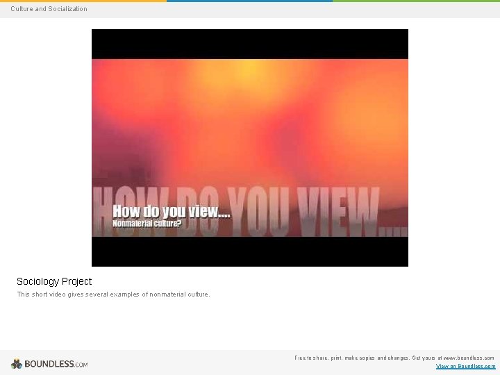 Culture and Socialization Sociology Project This short video gives several examples of nonmaterial culture.