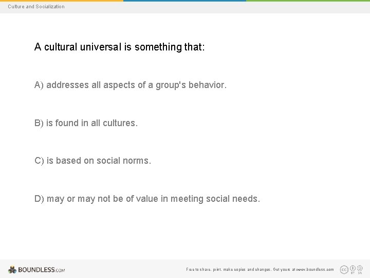 Culture and Socialization A cultural universal is something that: A) addresses all aspects of