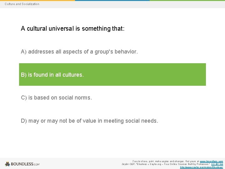 Culture and Socialization A cultural universal is something that: A) addresses all aspects of