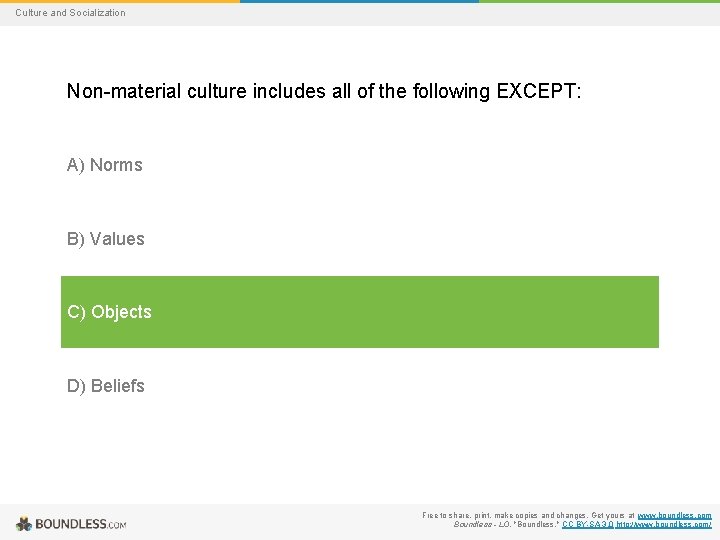 Culture and Socialization Non-material culture includes all of the following EXCEPT: A) Norms B)