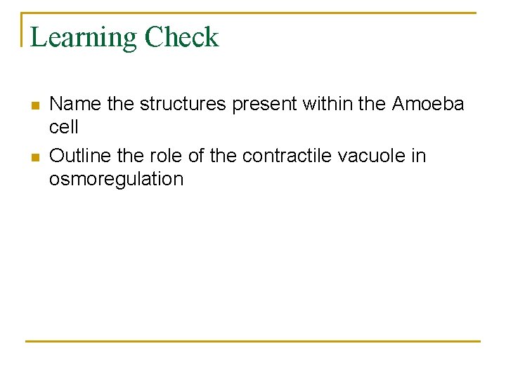 Learning Check n n Name the structures present within the Amoeba cell Outline the