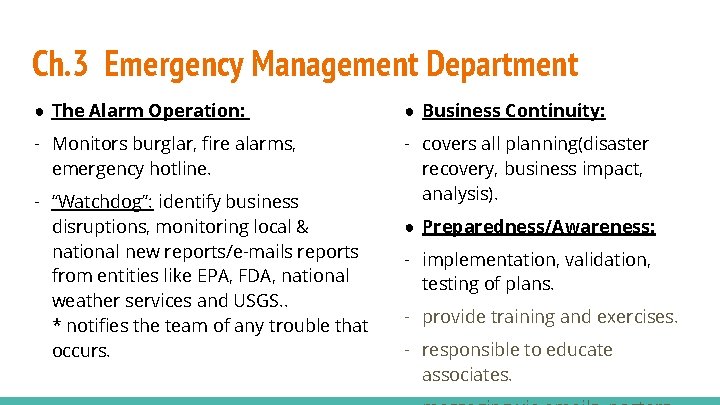 Ch. 3 Emergency Management Department ● The Alarm Operation: ● Business Continuity: - Monitors