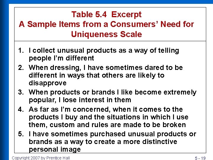 Table 5. 4 Excerpt A Sample Items from a Consumers’ Need for Uniqueness Scale