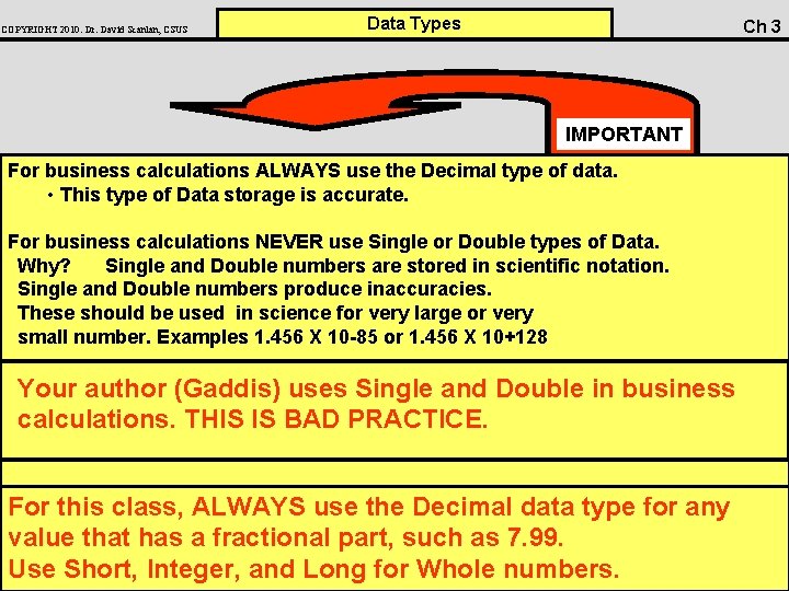 COPYRIGHT 2010: Dr. David Scanlan, CSUS Data Types Ch 3 IMPORTANT For business calculations