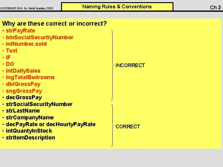 COPYRIGHT 2010: Dr. David Scanlan, CSUS Naming Rules & Conventions Why are these correct