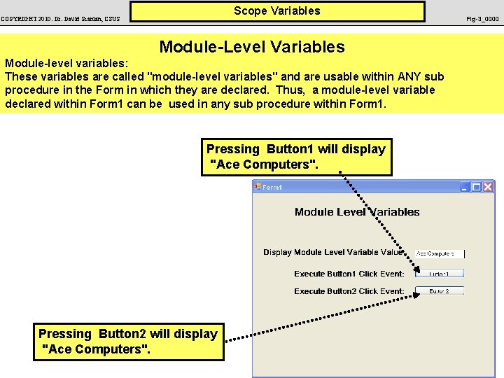 Scope Variables COPYRIGHT 2010: Dr. David Scanlan, CSUS Module-Level Variables Module-level variables: These variables