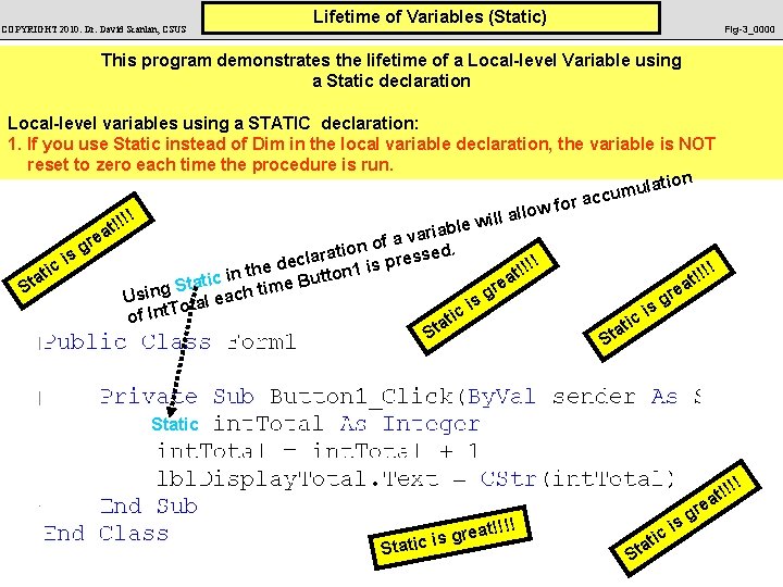 COPYRIGHT 2010: Dr. David Scanlan, CSUS Lifetime of Variables (Static) Fig-3_0000 This program demonstrates