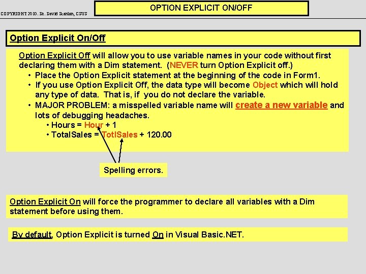 OPTION EXPLICIT ON/OFF COPYRIGHT 2010: Dr. David Scanlan, CSUS Option Explicit On/Off Option Explicit