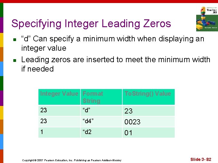 Specifying Integer Leading Zeros n n “d” Can specify a minimum width when displaying