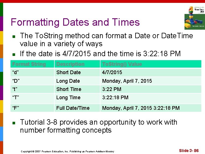 Formatting Dates and Times n n The To. String method can format a Date