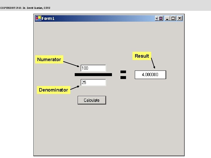 COPYRIGHT 2010: Dr. David Scanlan, CSUS Numerator Denominator Result 