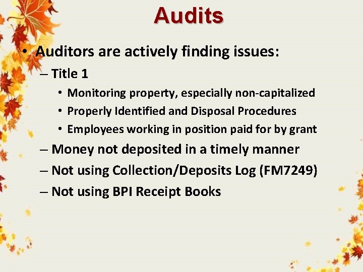 Audits • Auditors are actively finding issues: – Title 1 • Monitoring property, especially