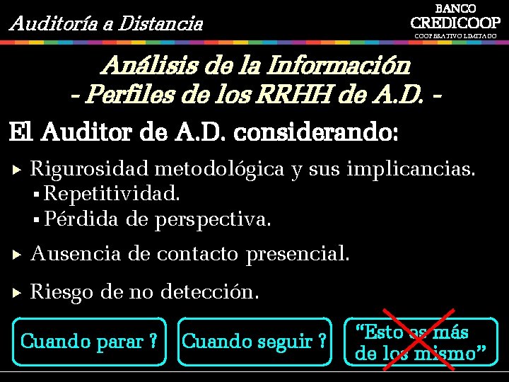 BANCO Auditoría a Distancia CREDICOOPERATIVO LIMITADO Análisis de la Información - Perfiles de los