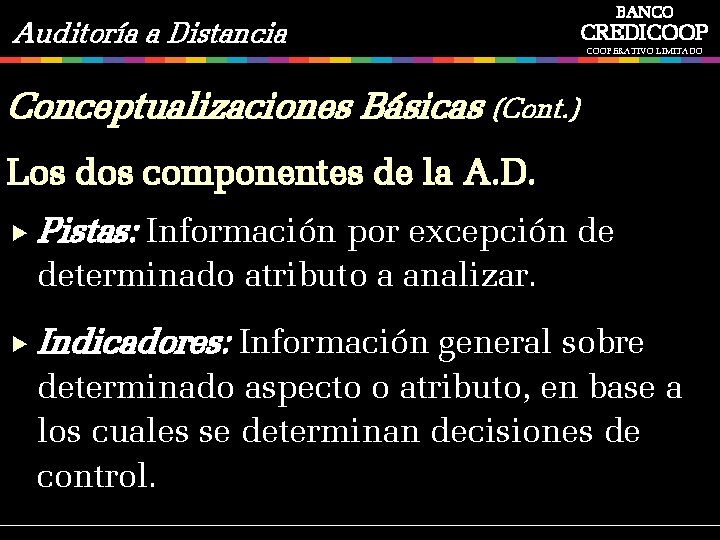 Auditoría a Distancia BANCO CREDICOOPERATIVO LIMITADO Conceptualizaciones Básicas (Cont. ) Los dos componentes de