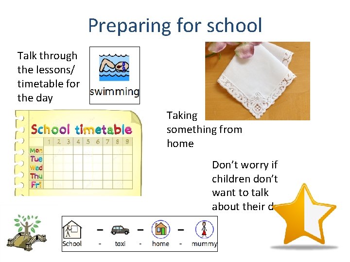 Preparing for school Talk through the lessons/ timetable for the day Taking something from