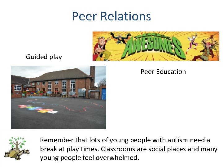 Peer Relations Guided play Peer Education Remember that lots of young people with autism